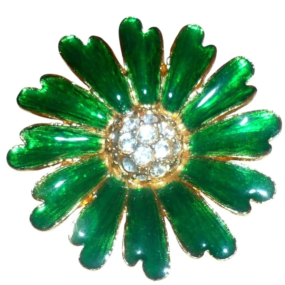 Vintage NOS Sue Ellen Made in England Green Enamel Rhinestone Daisy Brooch